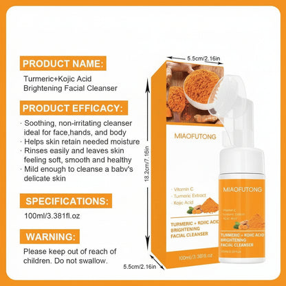 Turmeric+Kojic Acid Brightening Facial Cleanser with product information on an orange background