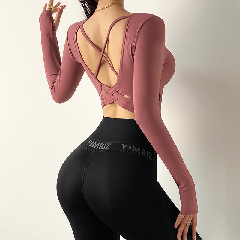 Cross-Back Long Sleeve Yoga Crop Top with Removable Chest Pad