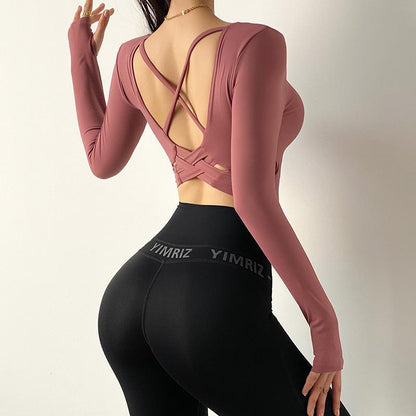 Cross-Back Long Sleeve Yoga Crop Top with Removable Chest Pad