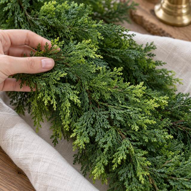 Lush cedar greenery styled for the holidays