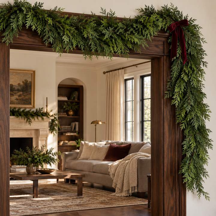 Lush cedar greenery styled for the holidays