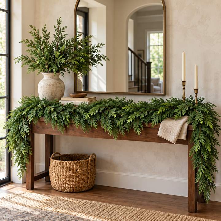 Lush cedar greenery styled for the holidays