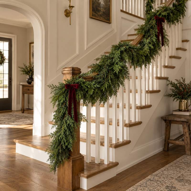 Lush cedar greenery styled for the holidays