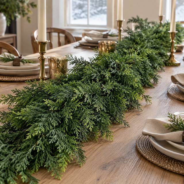 Lush cedar greenery styled for the holidays